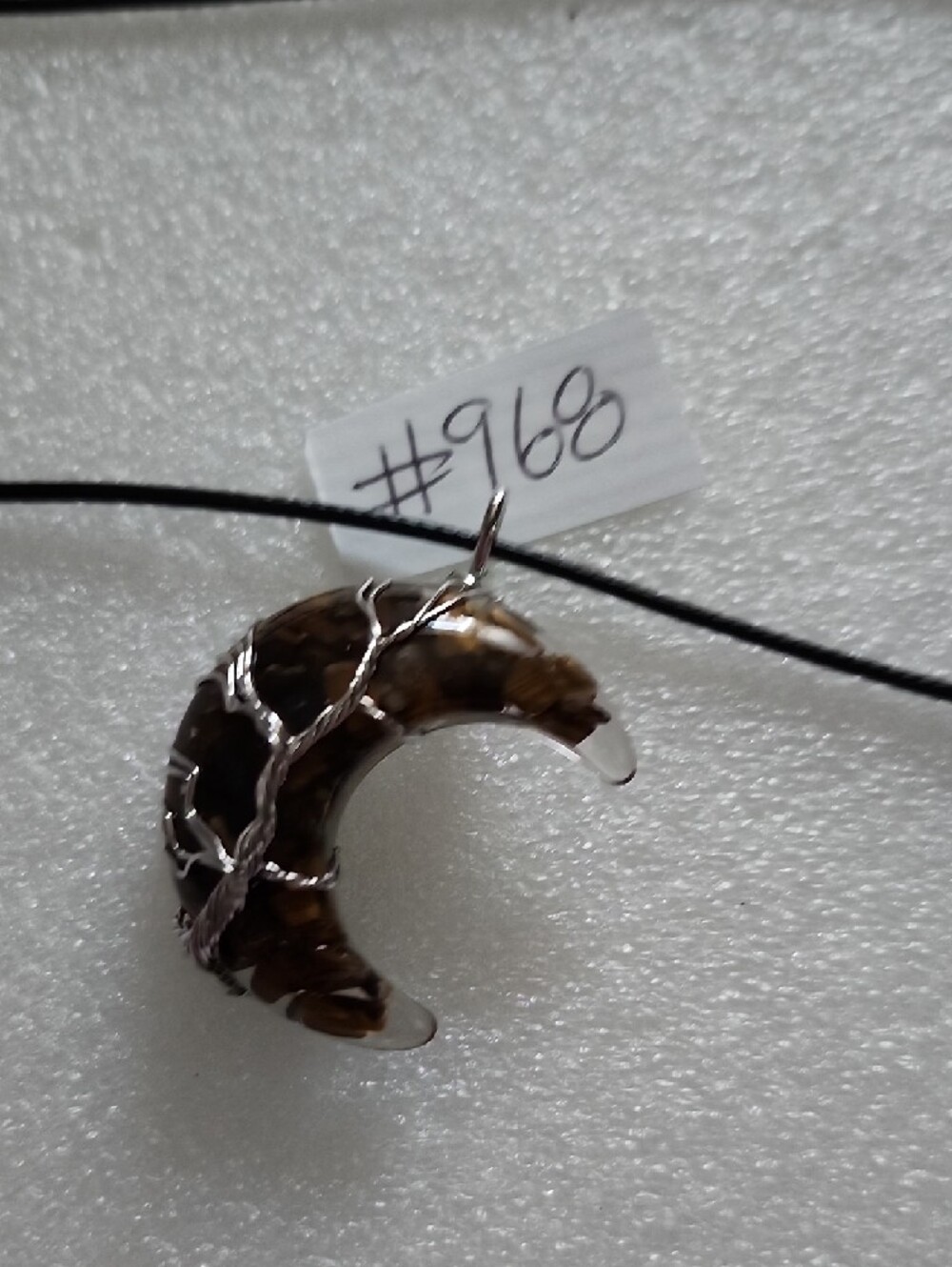 Hand Crafted Smoky Brown Crescent Moon Wire-Wrapped Pendant - Picture 2 of 7